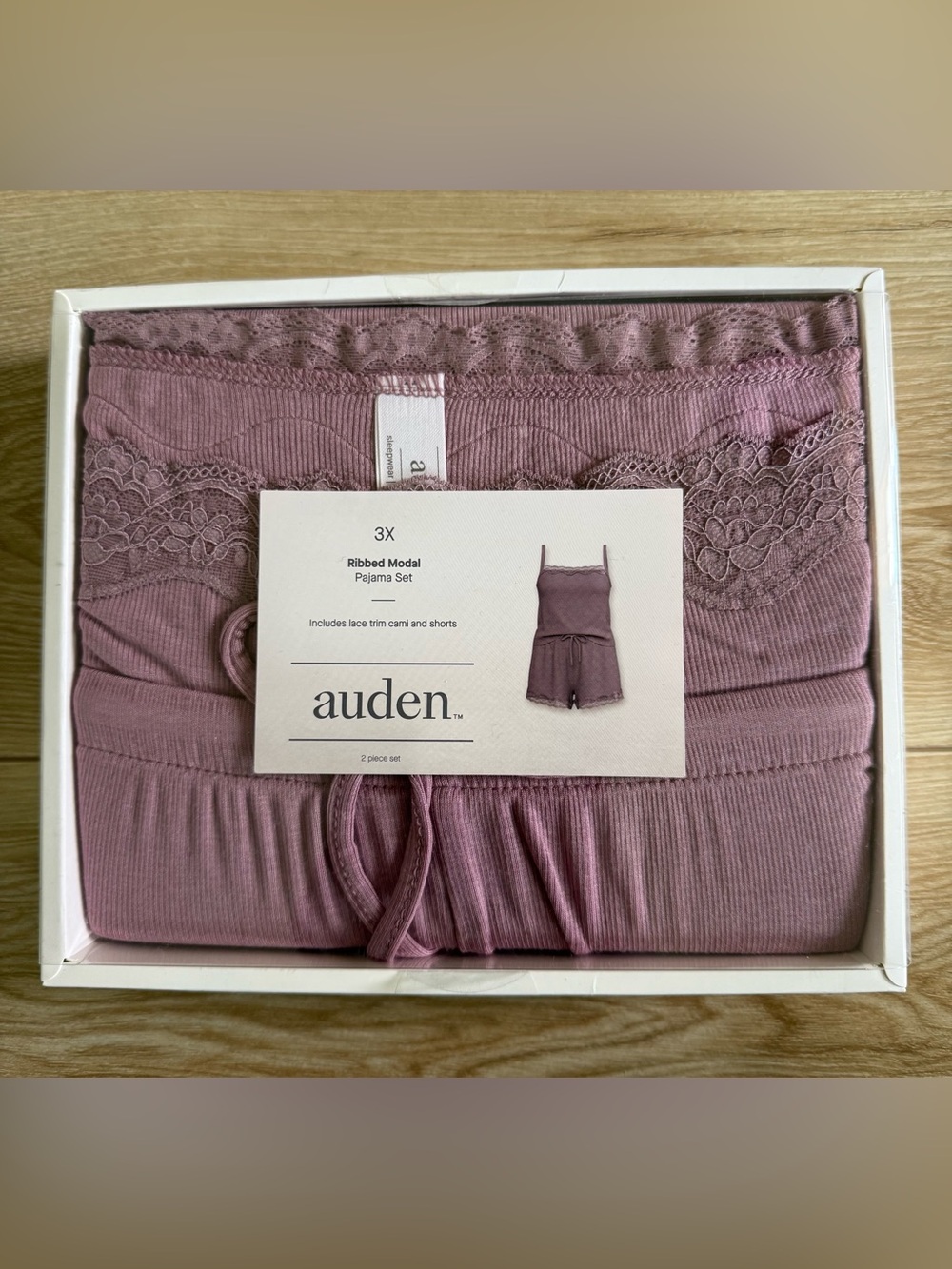 Auden Ribbed Modal Pajama Set Women’s 3X Mauve 2-Piece Lace Trim NWT